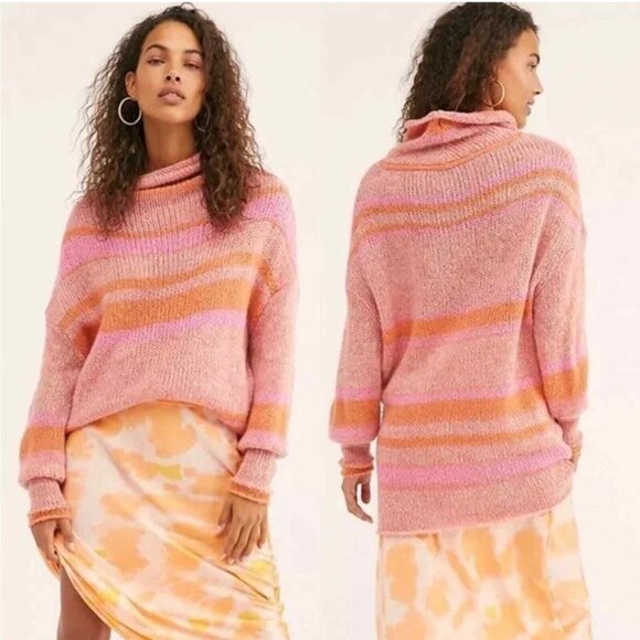 Free People Oversized Wool Blend Striped Tunic Sweater Pink Orange Size XS Boho - Picture 1 of 8